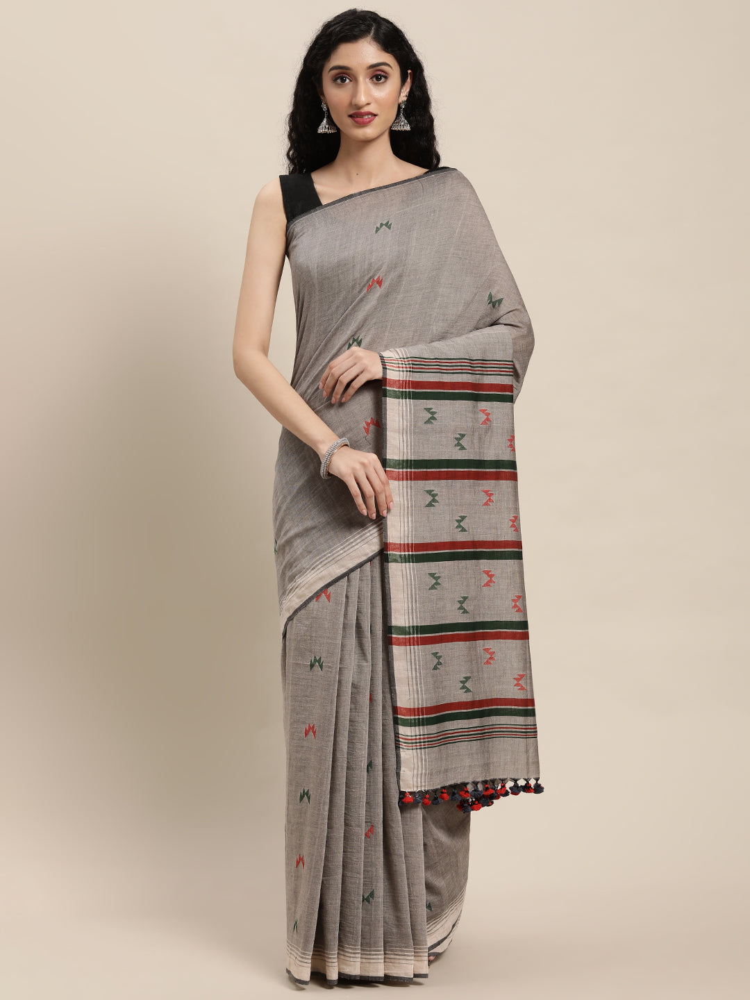 Bottle Green Jamdani Cotton Saree