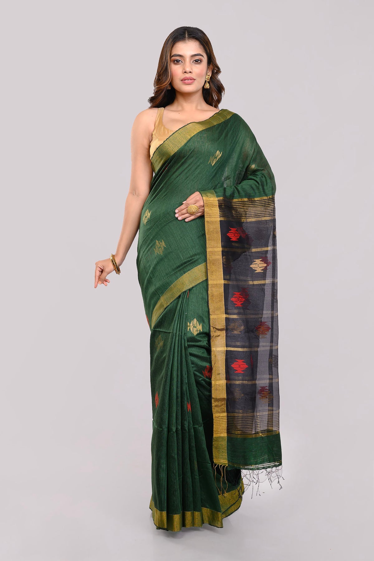 Green Gold Jamdani  Matka Silk  Saree