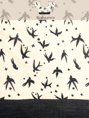 Cream Pure cotton Printed Saree with blouse piece