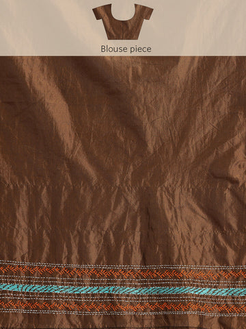 ArtEastri Dark Brown Mocha Art Silk Kantha Stitch Saree with Blouse Piece
