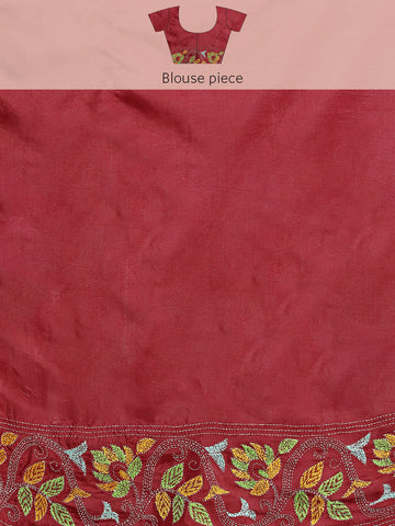 ArtEastri Red Bird Design Artsilk Kantha Saree with Blouse piece