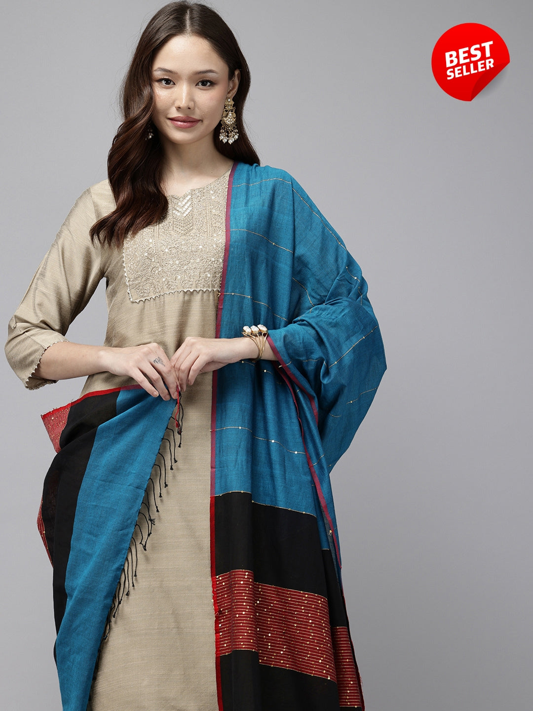 Blue Colourblock Handloom Woven Sequins Cotton Dupatta
