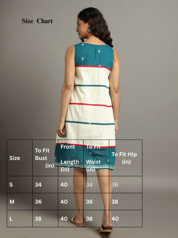 Cream Teal Green Cotton Handloom Striped dress
