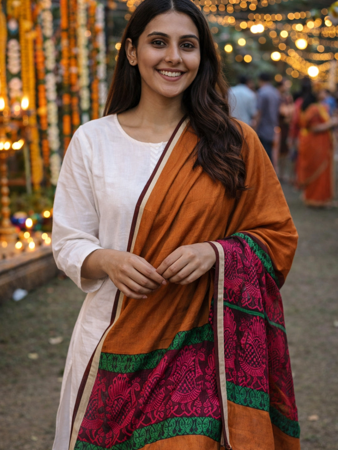 Copper Magenta Baluchari Peacock Silk Cotton Dupatta