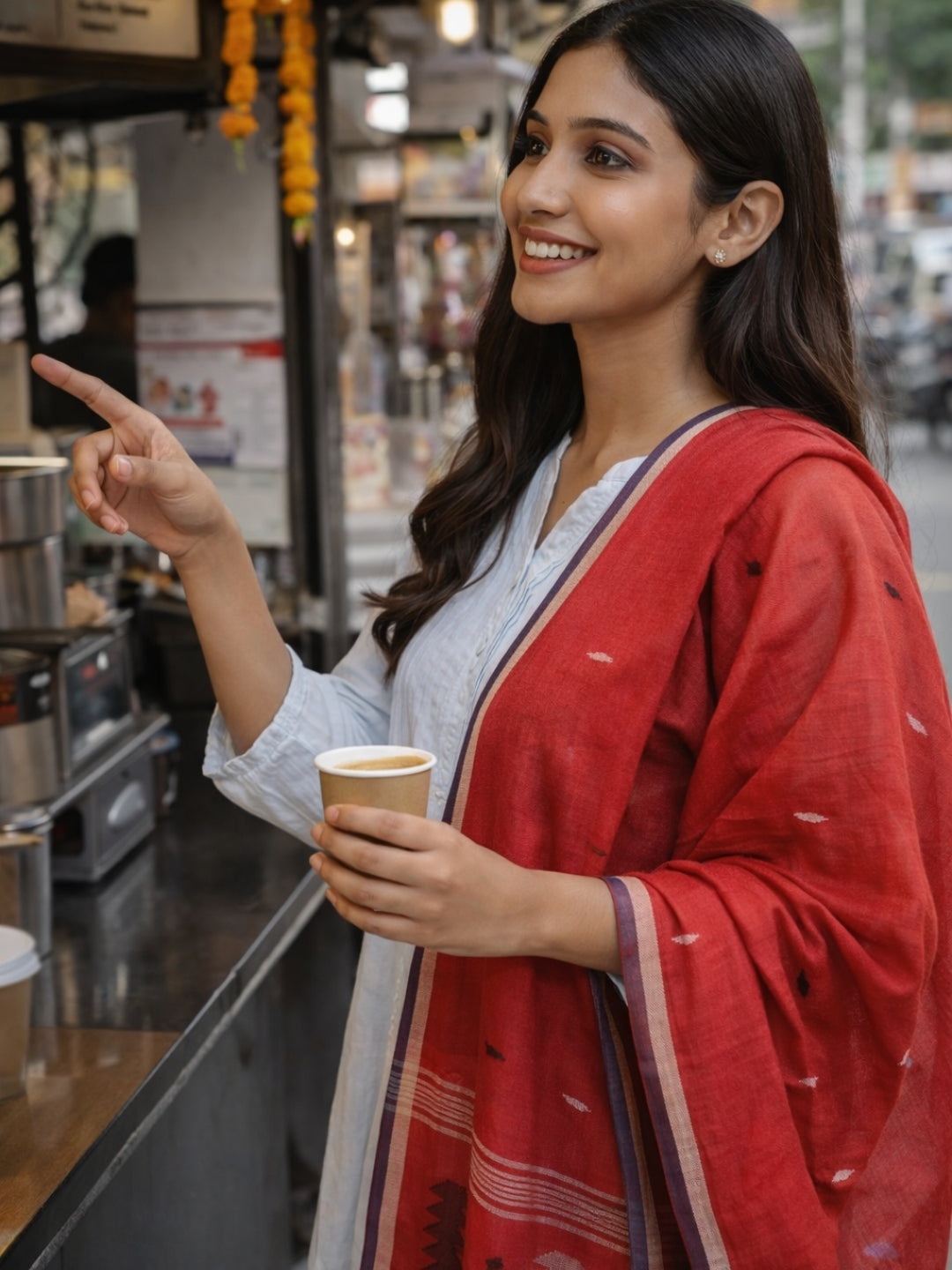 Red,White & Blue Handloom Cotton Jamdani Stole