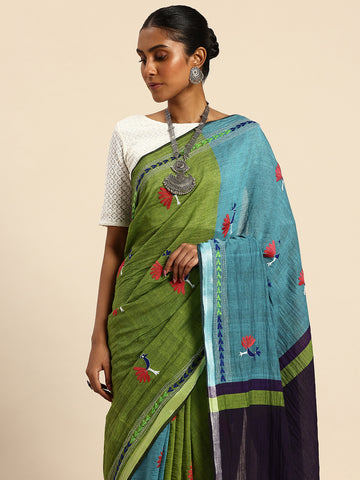 Parrot Green & Blue Colour block Cotton Kantha Stitch Saree with pompoms
