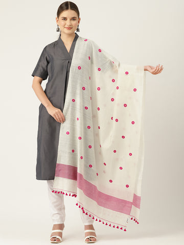 White & Pink Assamese Silk Cotton Handloom Dupatta