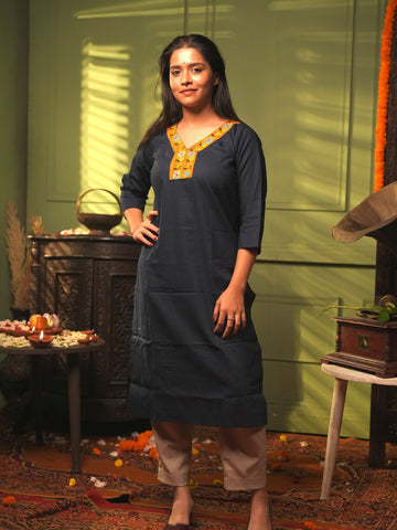 Dark Blue Kantha Cotton Kurta
