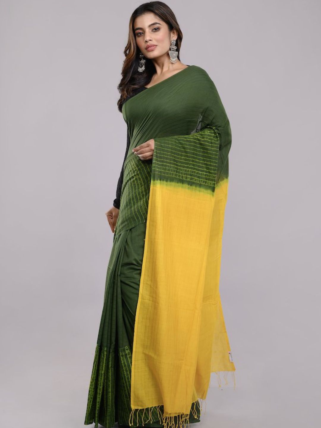 Green Yellow Shibori Silk Cotton  Saree