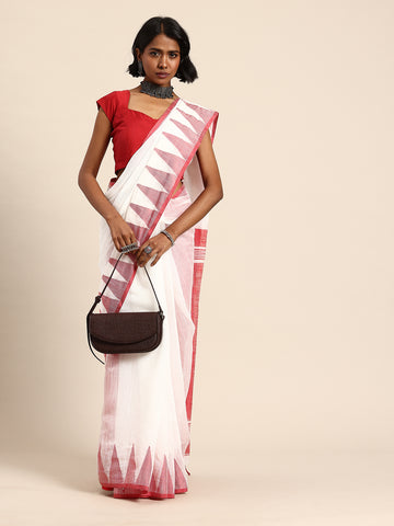 ArtEastri White Red Silk cotton Saree with Blouse piece