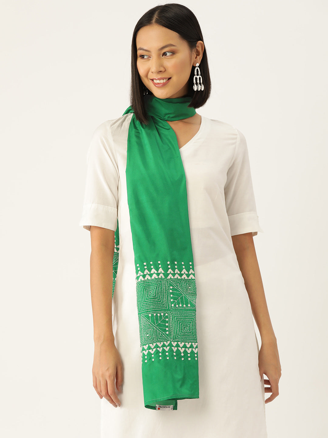 Green & White Handcrafted  Kantha Work Silk Stole for women