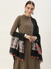 Black Beige Handwoven Silk Cotton Baluchari Dupatta