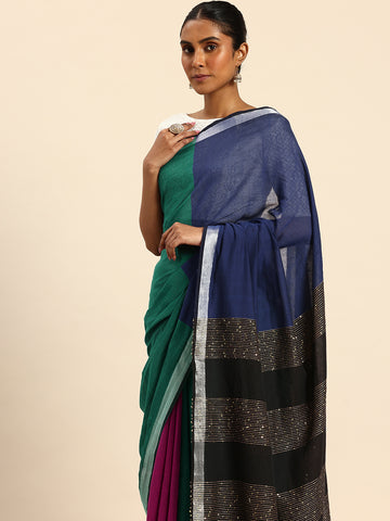 ArtEastri Green, Magenta & Blue Handloom Cotton Sequins  Saree