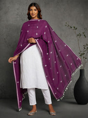 Purple Cotton Handloom Jamdani Dupatta with Pompoms