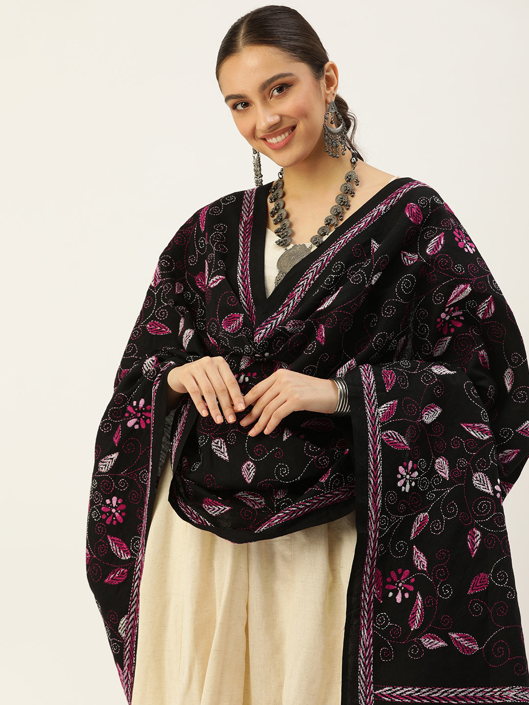 Black Mauve Kantha Stitch Cotton Dupatta