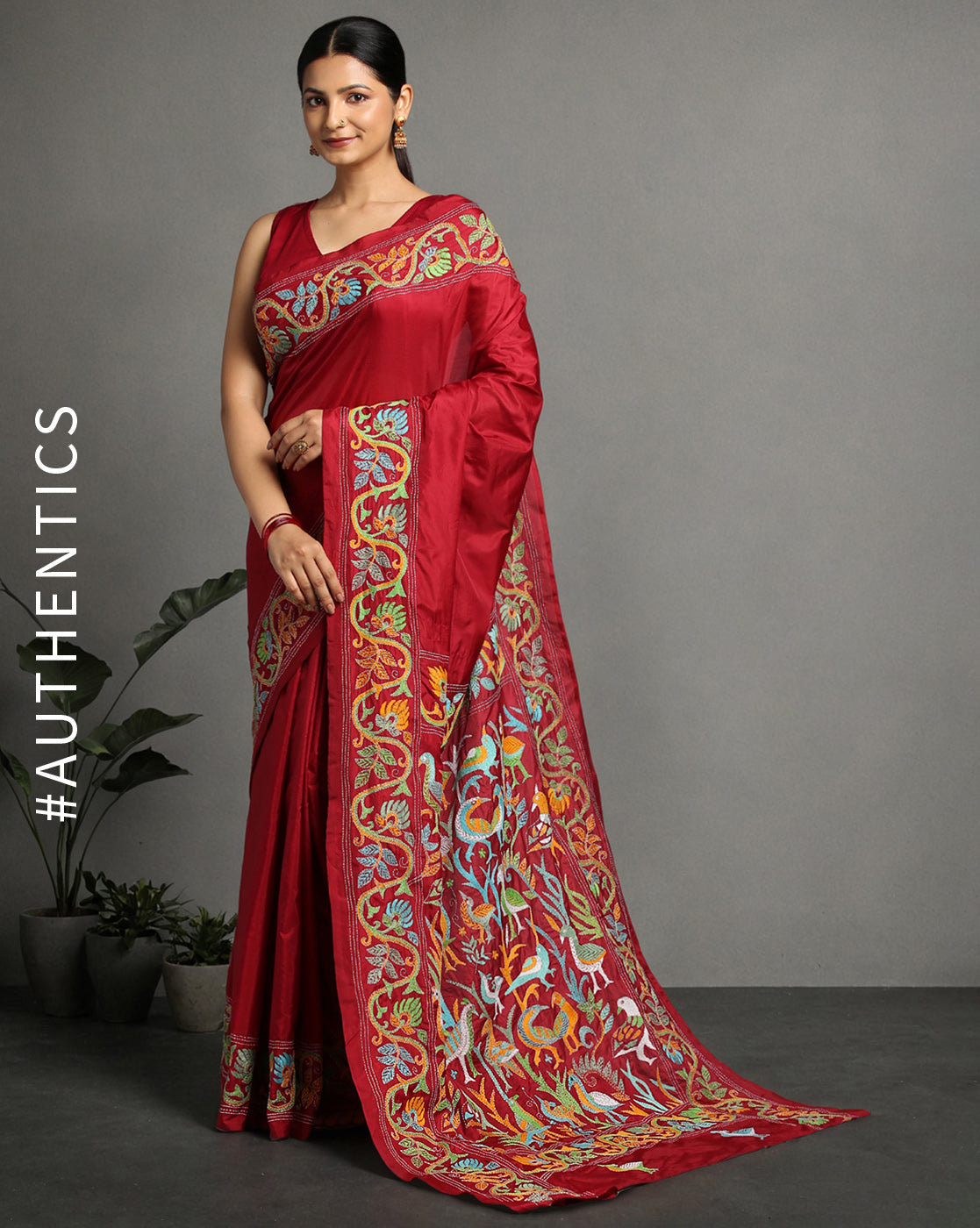 ArtEastri Red Bird Design Artsilk Saree with Blouse piece