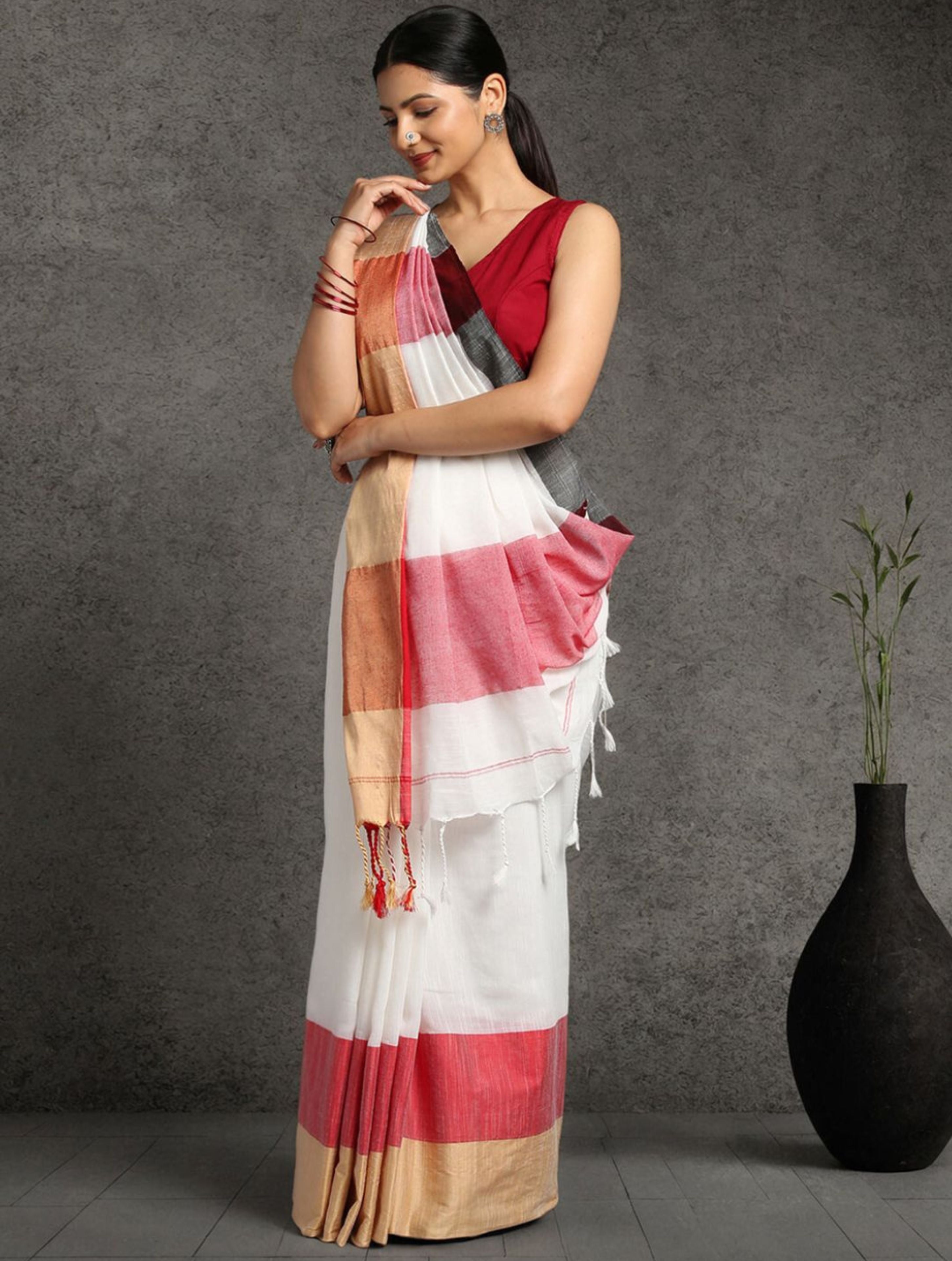 Handloom Colorblock Woven Cotton Saree with Blouse piece