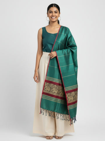 Green Red Handloom Blended Silk Baluchari Dupatta