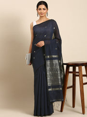 Navy Blue Silver Zari Silk Cotton Saree