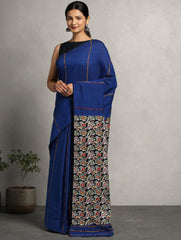 ArtEastri Dark Blue Ajrak Print Khesh Saree with Blouse piece