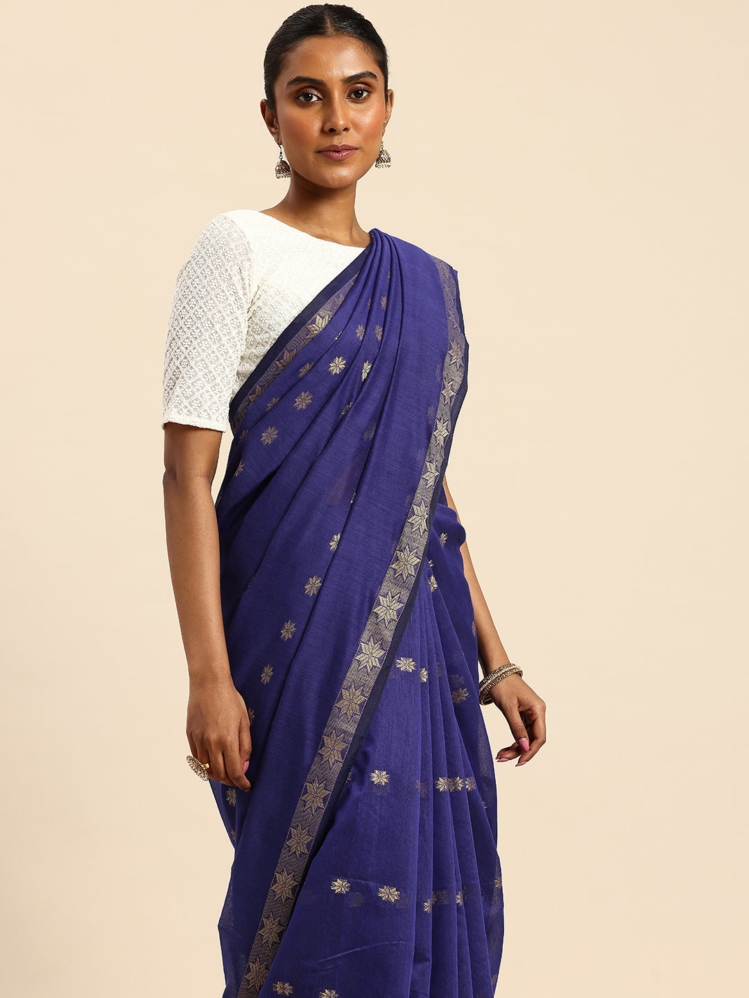 Blue & Red Zari Buti Silk Cotton Saree with blouse piece