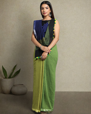 Colour block Cotton Saree with pompoms