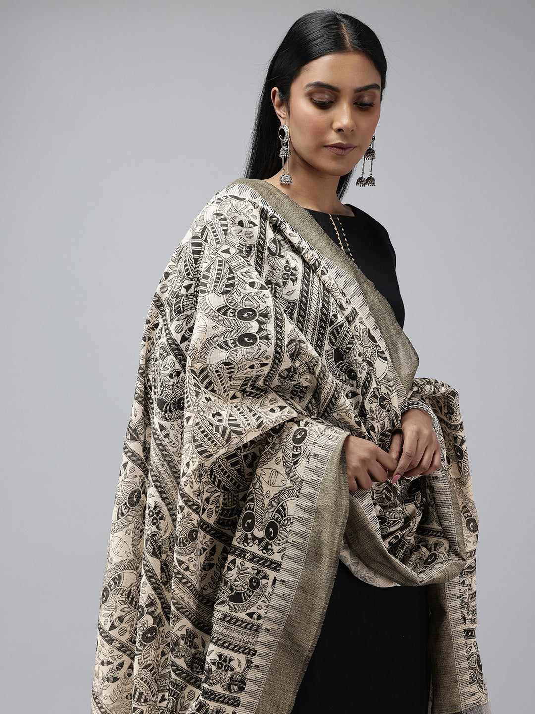 Black Madhubani Jacquard Cotton Print Dupatta