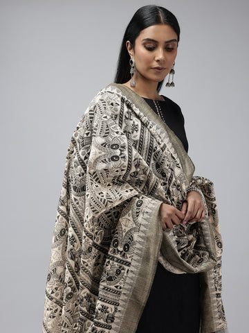 Black Madhubani Jacquard Cotton Print Dupatta