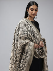 Black Madhubani Jacquard Cotton Print Dupatta