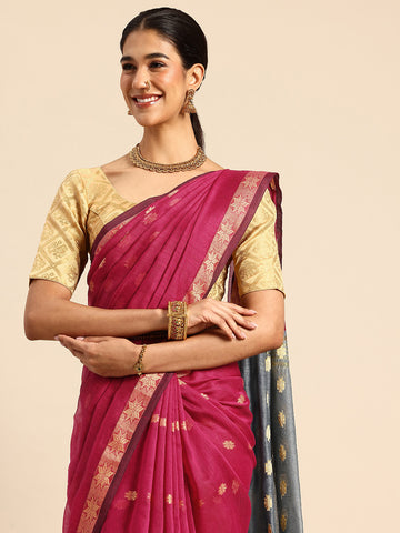Magenta & Grey Zari Buti Silk Cotton Saree with blouse piece