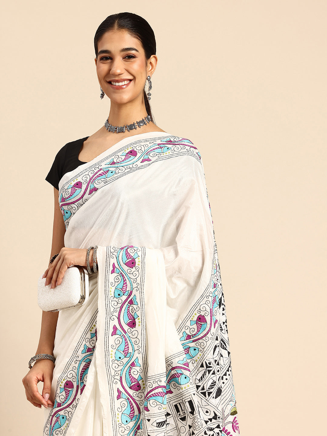 ArtEastri Handloom White Silk Kantha Saree with Blouse piece