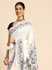 ArtEastri Handloom White Silk Kantha Saree with Blouse piece