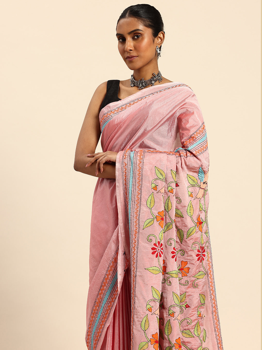 ArtEastri Light Pink Art Silk Kantha Stitch Saree With Blouse Piece