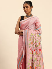 ArtEastri Light Pink Art Silk Kantha Stitch Saree With Blouse Piece