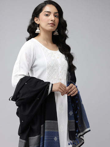 Black Blue Handloom Jamdani Cotton Dupatta with Pompoms