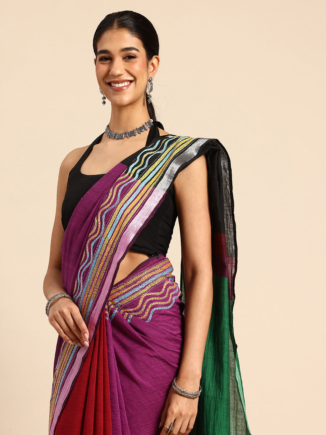 ArtEastri Handloom Black Magenta Colorblock Cotton  Kantha Saree