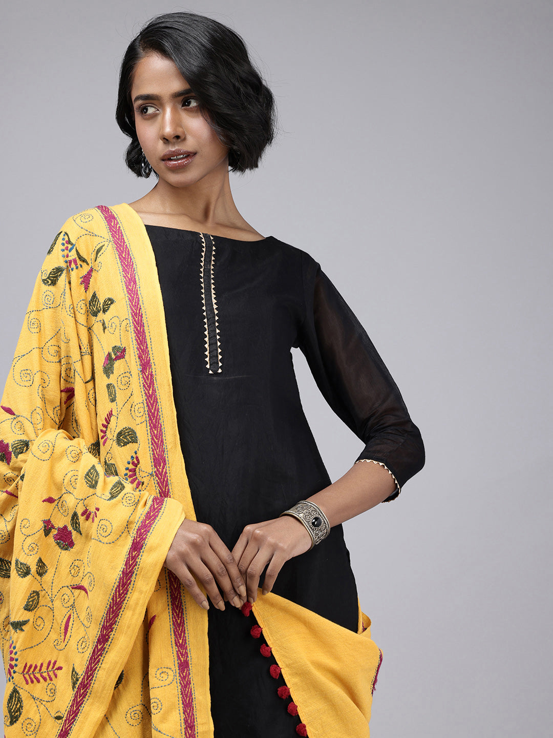 Mustard yellow Kantha Stitch Cotton Dupatta