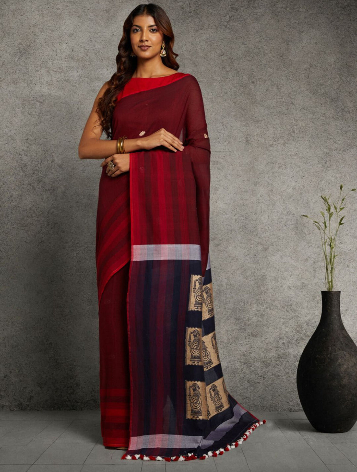 Red Black Handloom Cotton Baluchari Saree