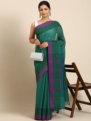 Green Purple Striped Cotton Saree