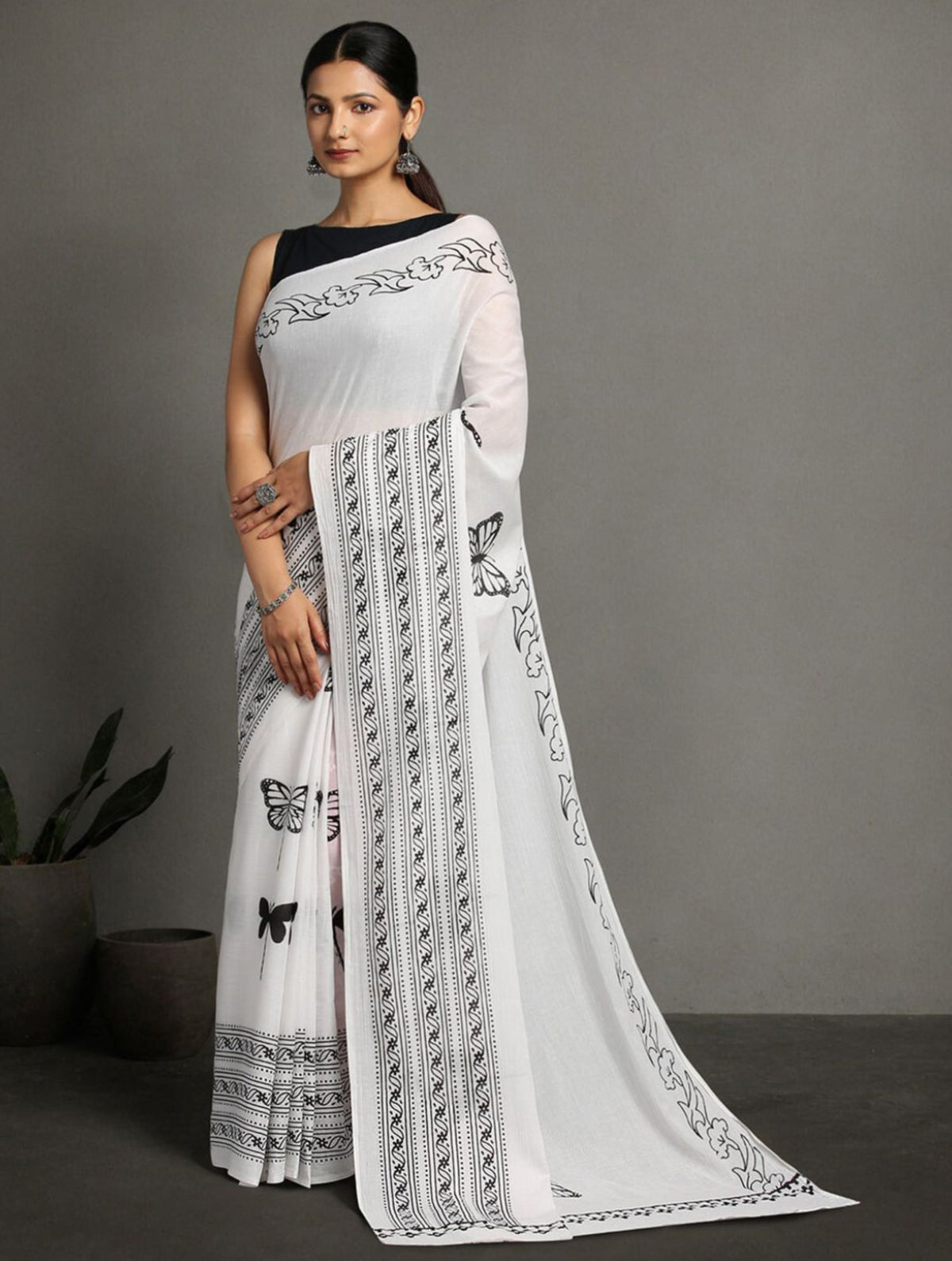 ArtEastri White Black Cotton Butterfly Print Saree with Blouse piece