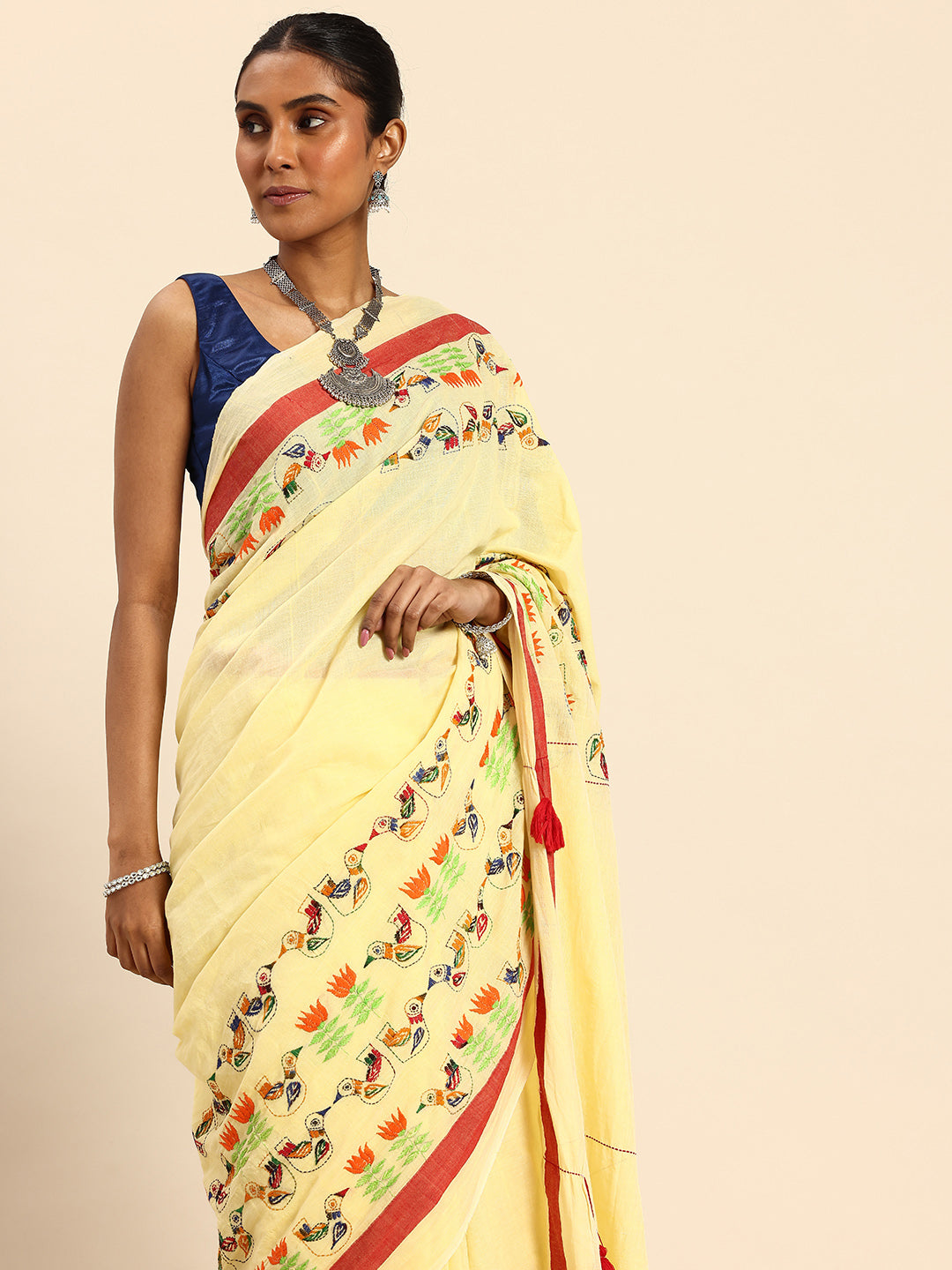 ArtEastri Yellow Red Kantha Stitch Handloom Cotton Saree with Blouse Piece