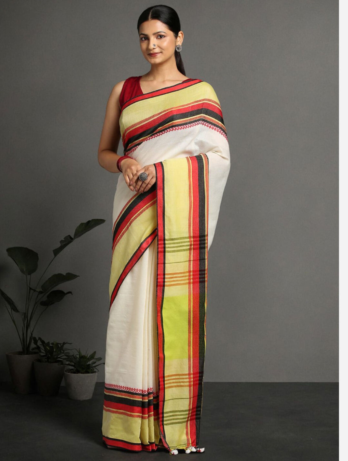 ArtEastri White Green Red Cotton Saree with Blouse piece