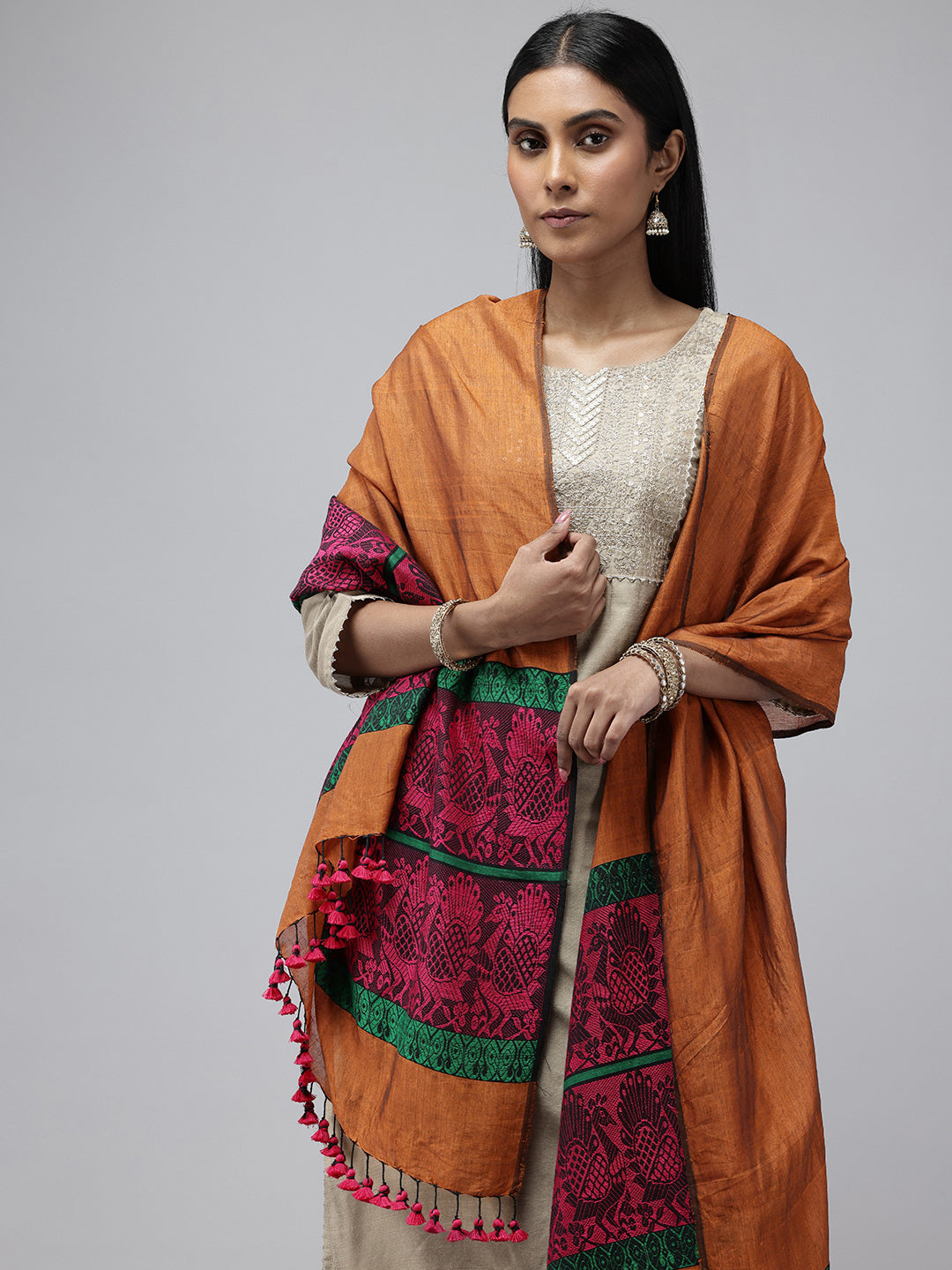 Copper Magenta Baluchari Peacock Silk Cotton Dupatta