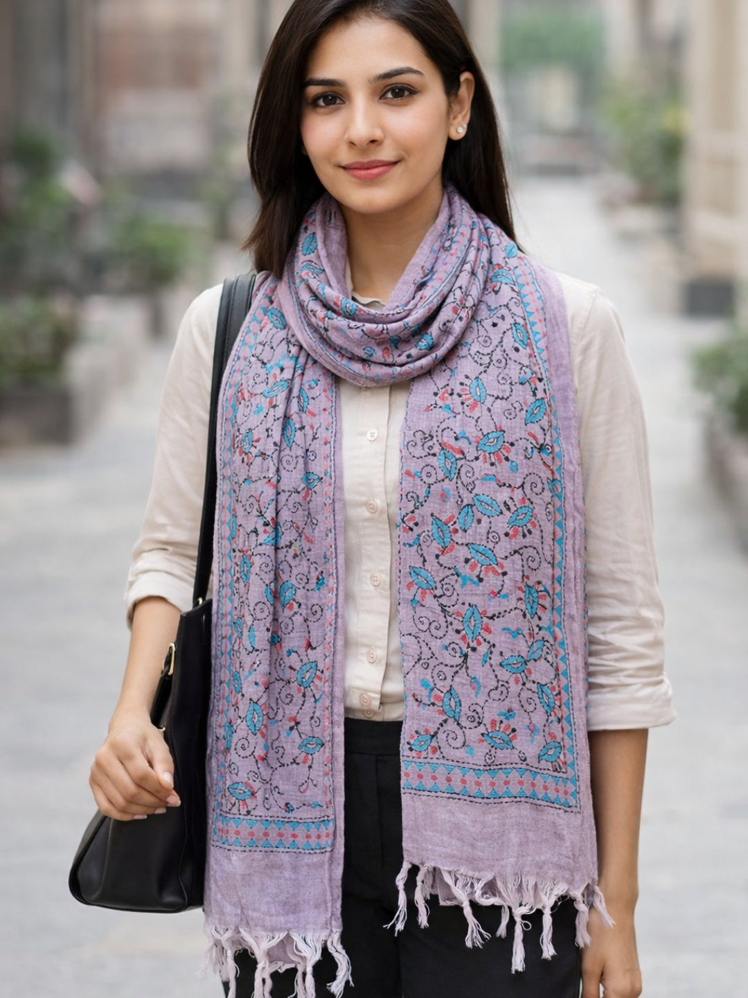 Mauve Floral Cotton Kantha Stitch Stole