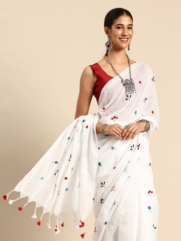 White Floral Cotton Saree with Blouse Piece