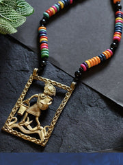 Large Dokra Pitcher Man Pendant with Colourful Beads