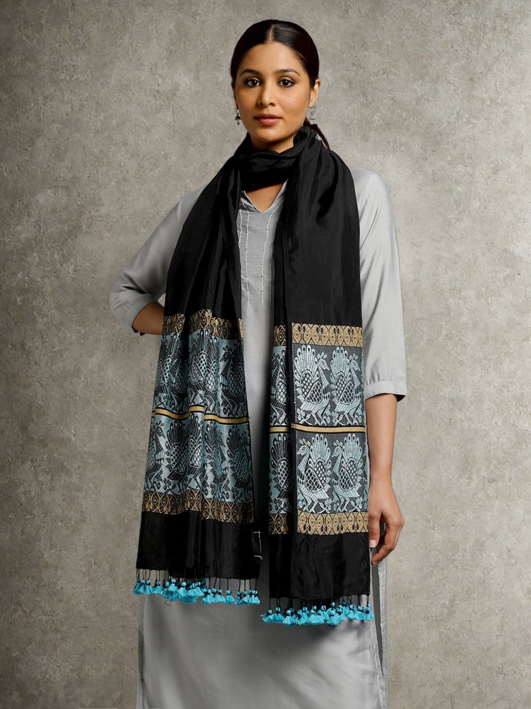 Black Blue Handloom Baluchari Silk Dupatta