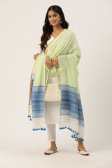 Green & Blue Handloom Cotton Jacquard Dupatta with tassels