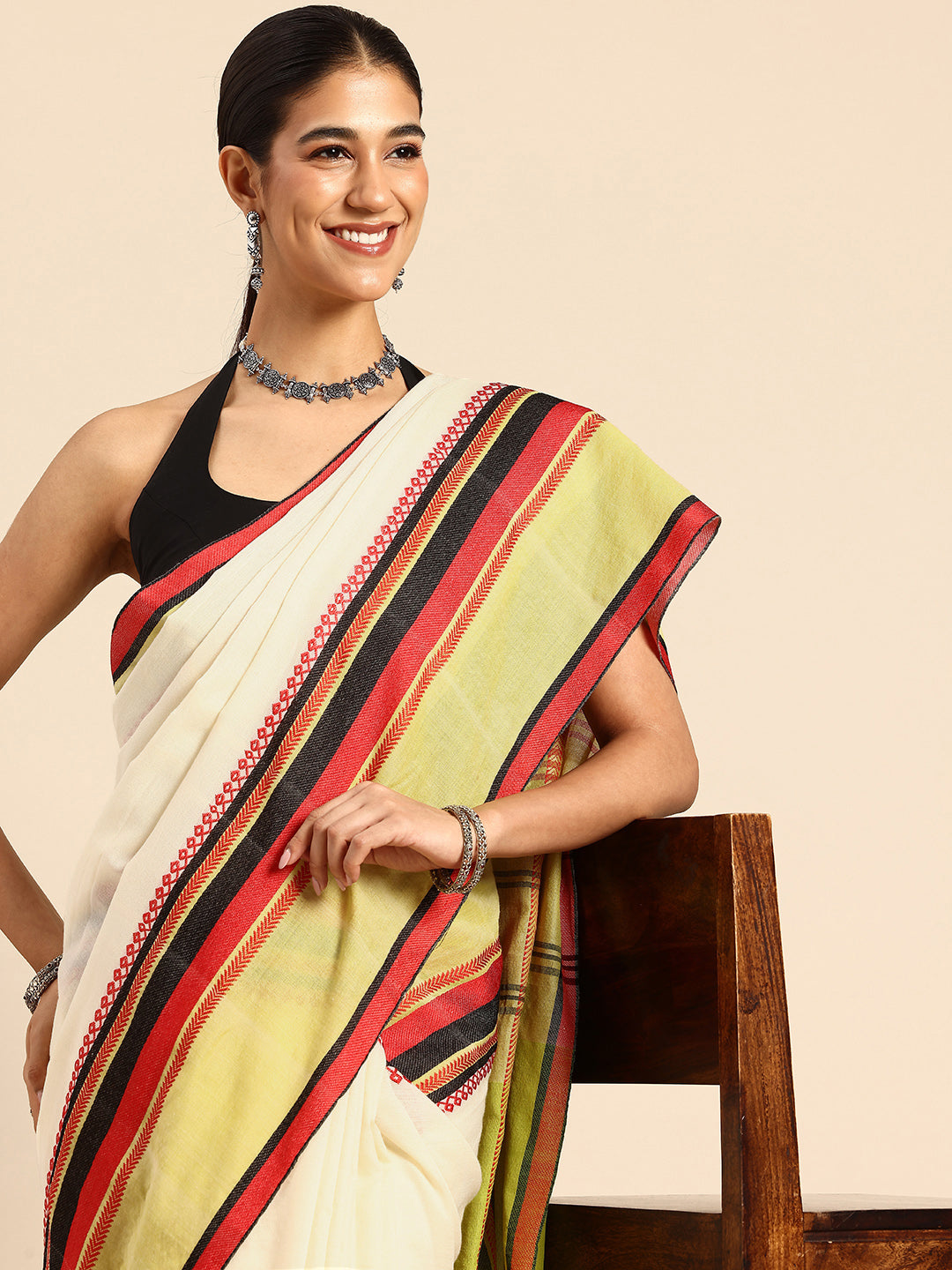 ArtEastri White Green Red Cotton Saree with Blouse piece