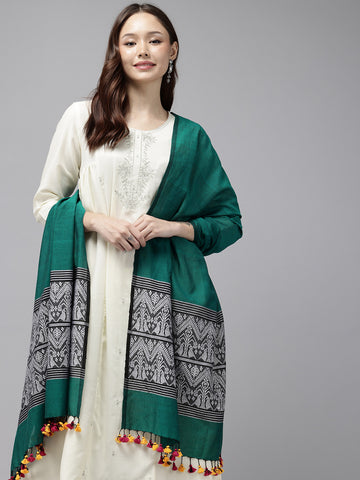 Green White Silk Cotton Assamese Dupatta